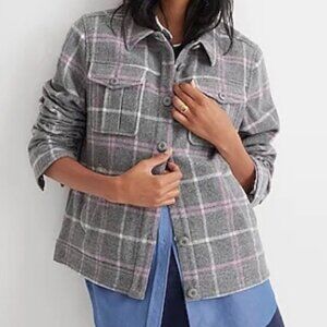 J. Crew Shirt Jacket Stretch Wool Blend Grey Pink Plaid Button Jacket S NWT